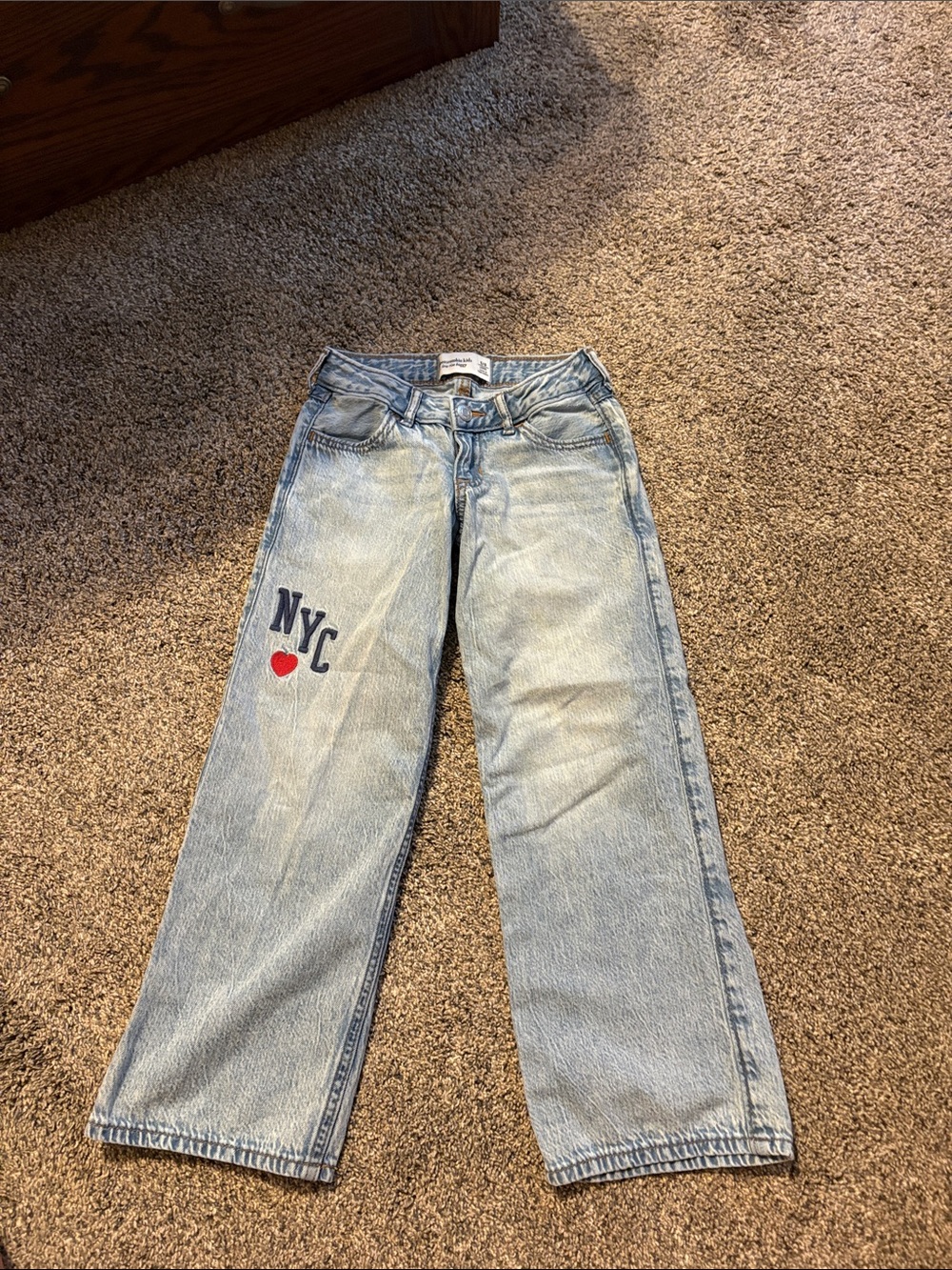abercrombie kids low rise baggy jeans with stitched NYC logo